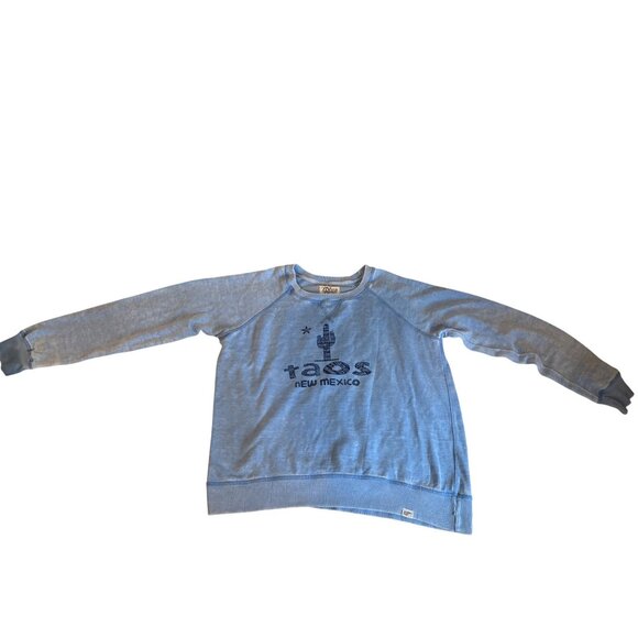 Womens Blue 84 TAOS New Mexico Blue Sweatshirt Pullover Distressed Size Large - Picture 1 of 10